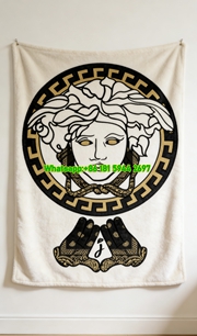 Versace Black Gold White Medusa Greek Key Gloves Print Flannel Sofa Throw Blanket IMG_1299